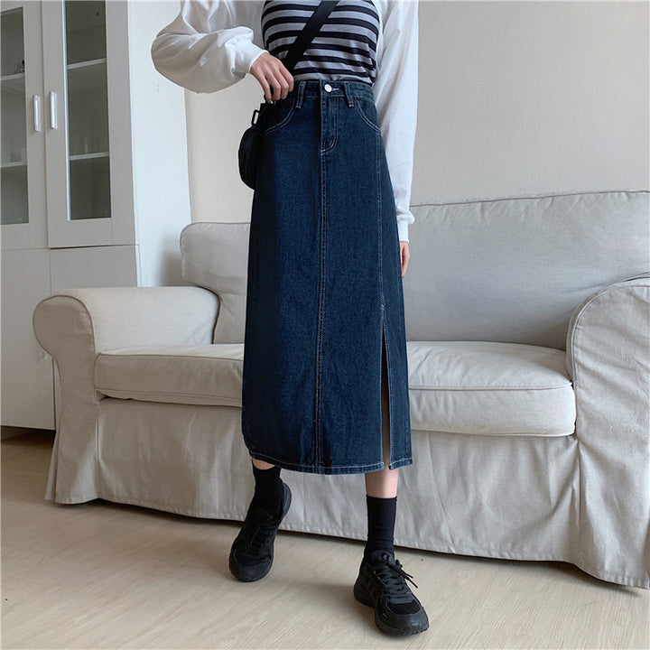 Dame Lang Denim Nederdel med Sideslids Stilla