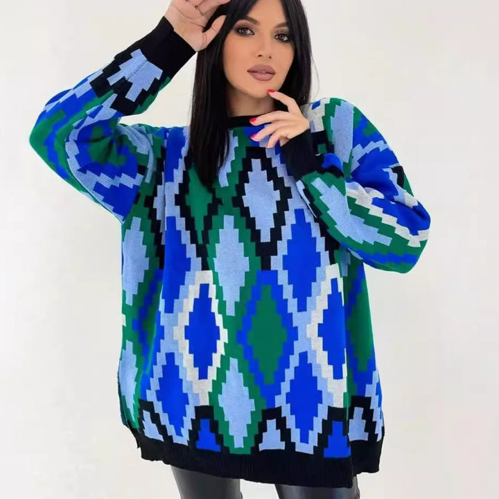 Dame Oversized Strikpullover med grafisk Jacquard-mønster og afslappet snit Stilla