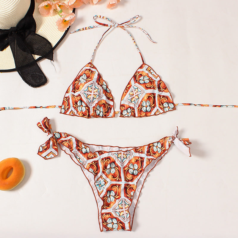 Dame triangel-bikini med florale mønstre og sløjfe-detalje Stilla