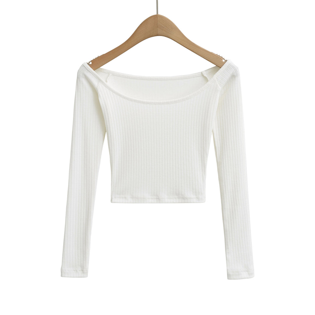 Dame cropped Langærmet skjorte med elegant Rundhalsshalsudskæring og fin ribstruktur Stilla