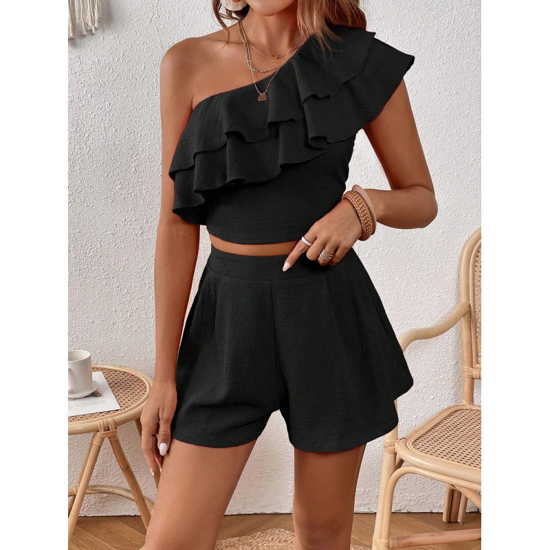 Dame Rynker En-skulder Crop Top og højt skårne Shorts Sæt Stilla