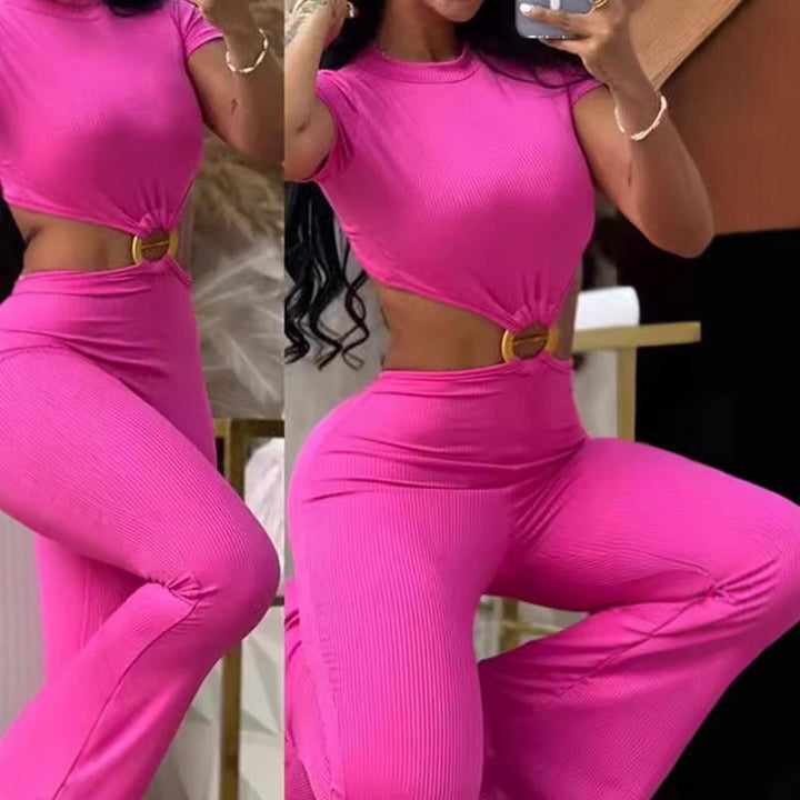 Dame Crop-Top og flared Bukse Sæt med Bælte Stilla