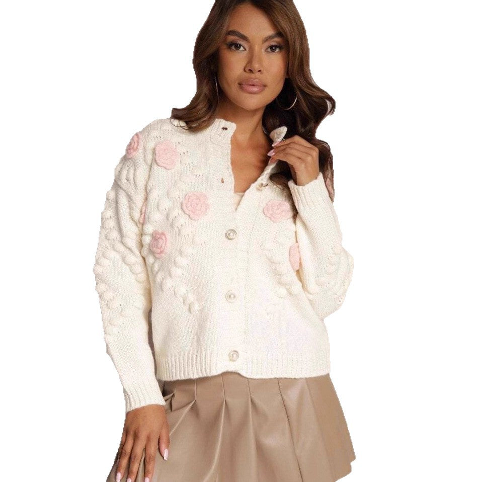 Kvinders cardigan med blomsterapplikationer og trendy knapdesign Stilla