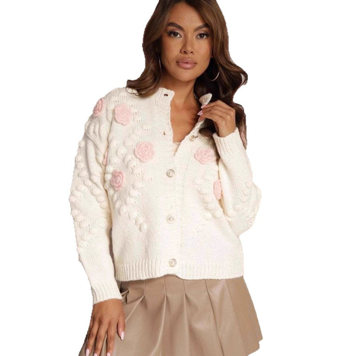 Kvinders cardigan med blomsterapplikationer og trendy knapdesign Stilla