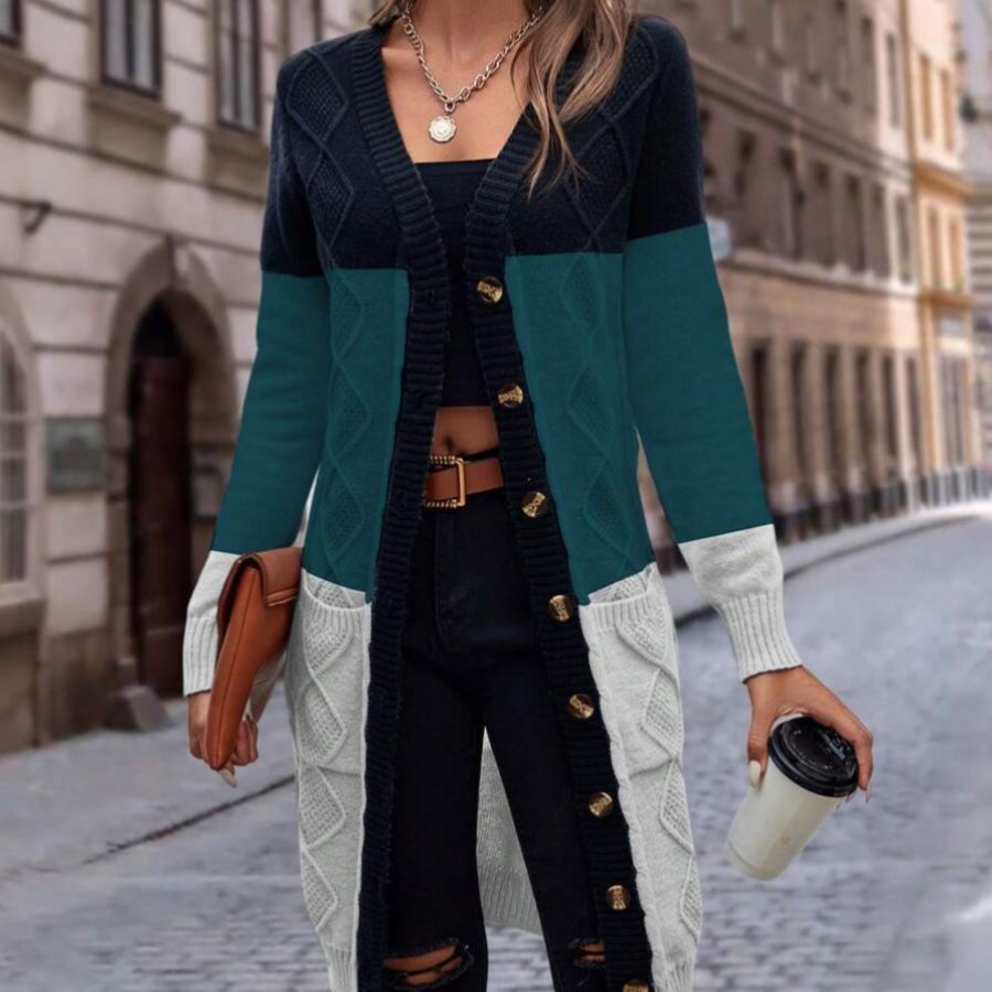 Femme Farveblok Kabelstrik Cardigan Stilla