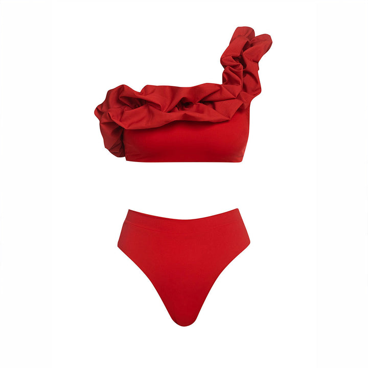 Dame bikini-sæt med asymmetrisk snit og voluminøse flæser Stilla