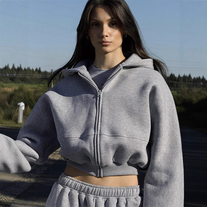 Kvinders afslappede cropped sweatjakke og komfortable joggingbukser sæt Skovae