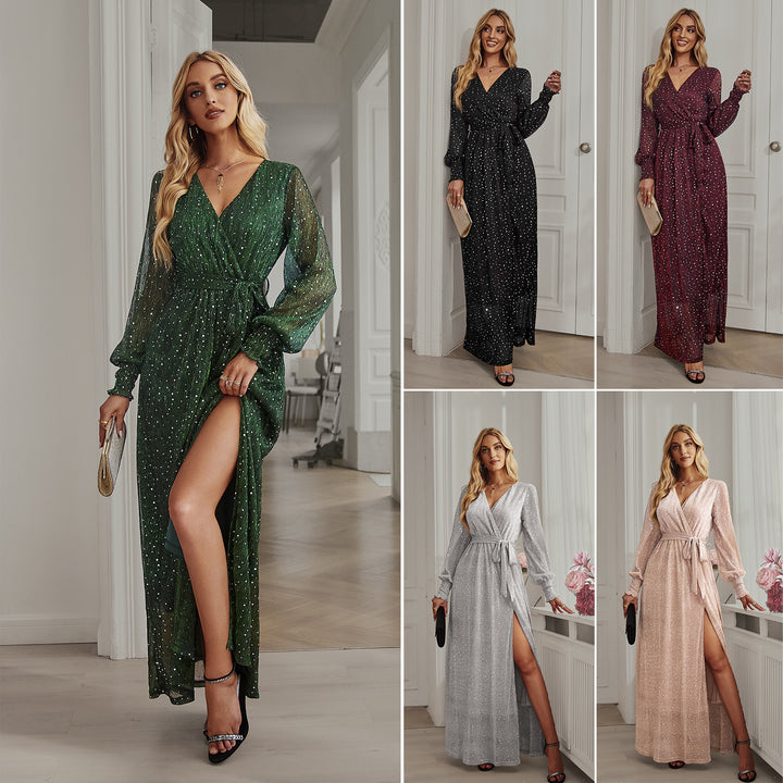 Dame elegant maxikjole med volangdetaljer og skimrende overflade Stilla