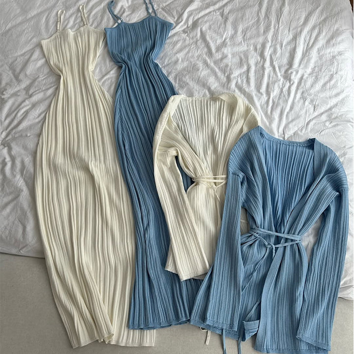 Dame maxikjole med elegant cardigan i moderne ribdesign Stilla