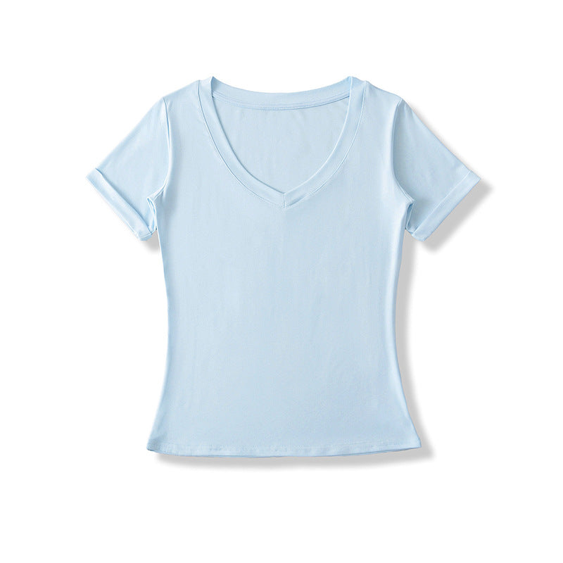 Dame V-hals T-shirt i åndbart bomuldsblandingsmateriale med figursyet snit Stilla