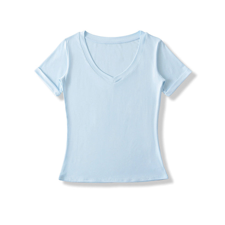 Dame V-hals T-shirt i åndbart bomuldsblandingsmateriale med figursyet snit Stilla