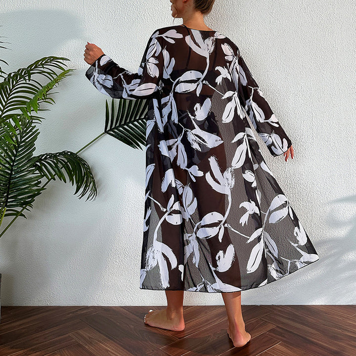 Dame strandkimono med blomsterprint og sideskilt Skovae