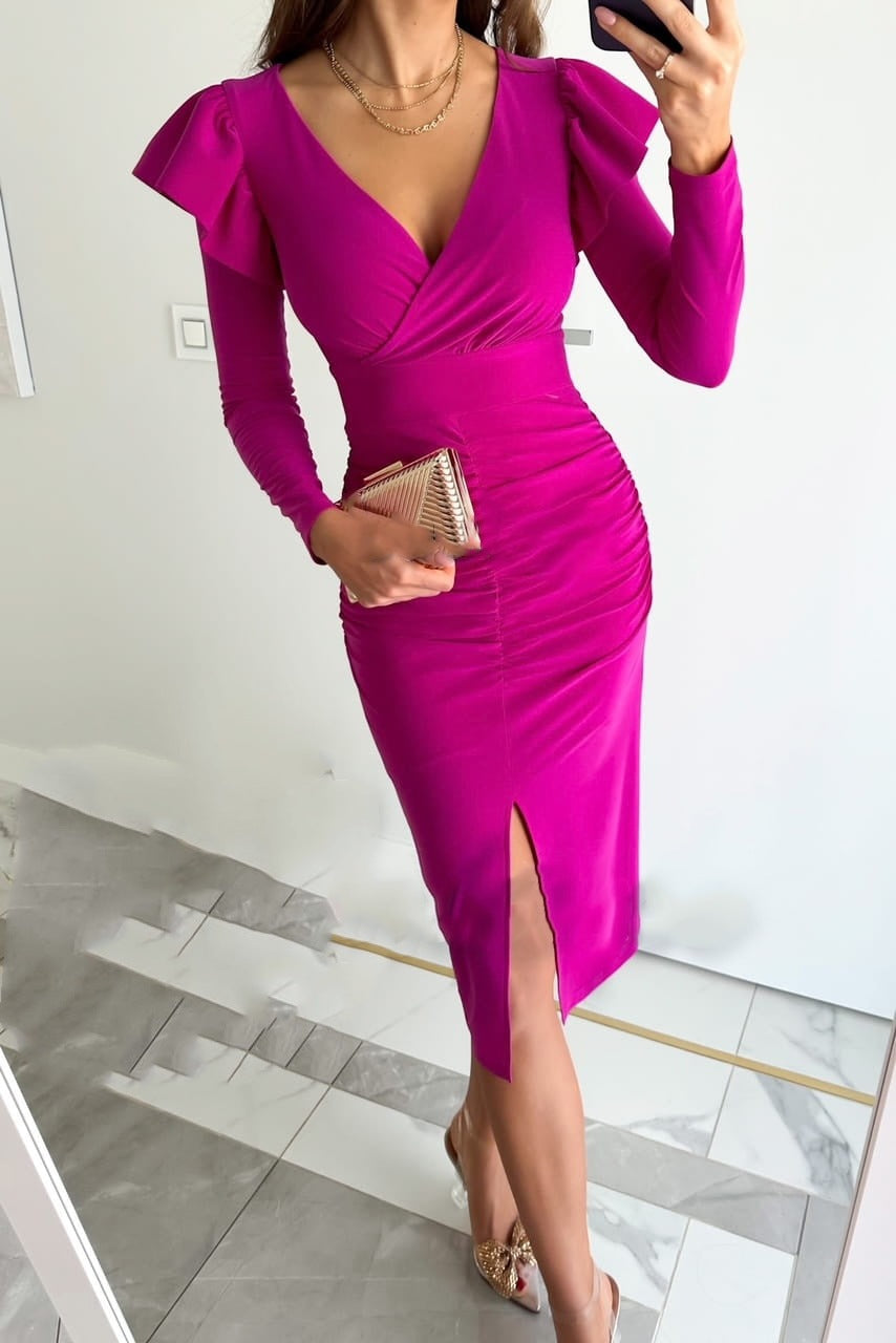 Dame Elegante Langærmet Rynket Midi-Kjole med Slids Stilla