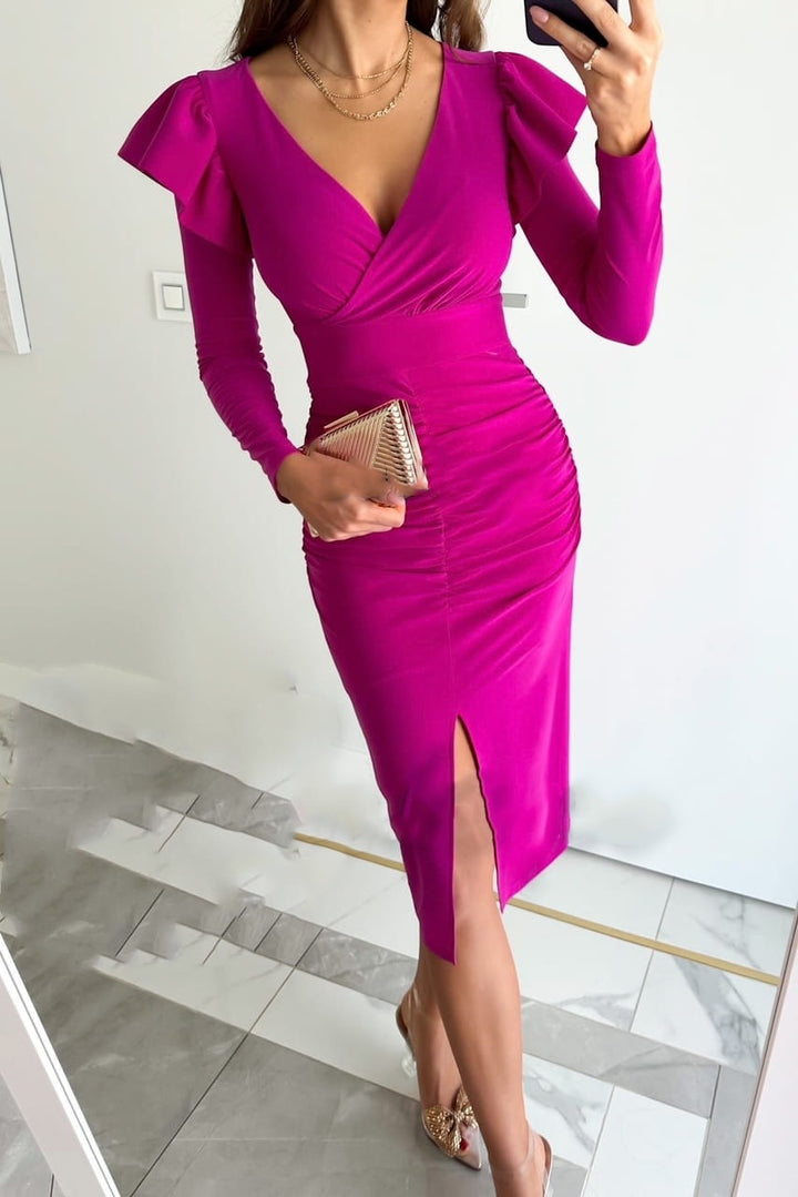 Dame Elegante Langærmet Rynket Midi-Kjole med Slids Stilla