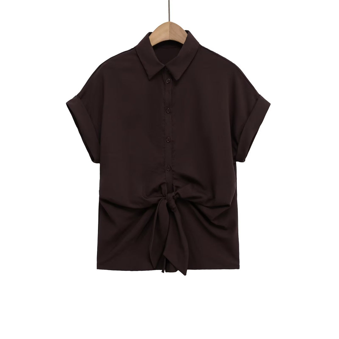 Dame kortærmet bluse med knudedetalje og elegant snit Skovae