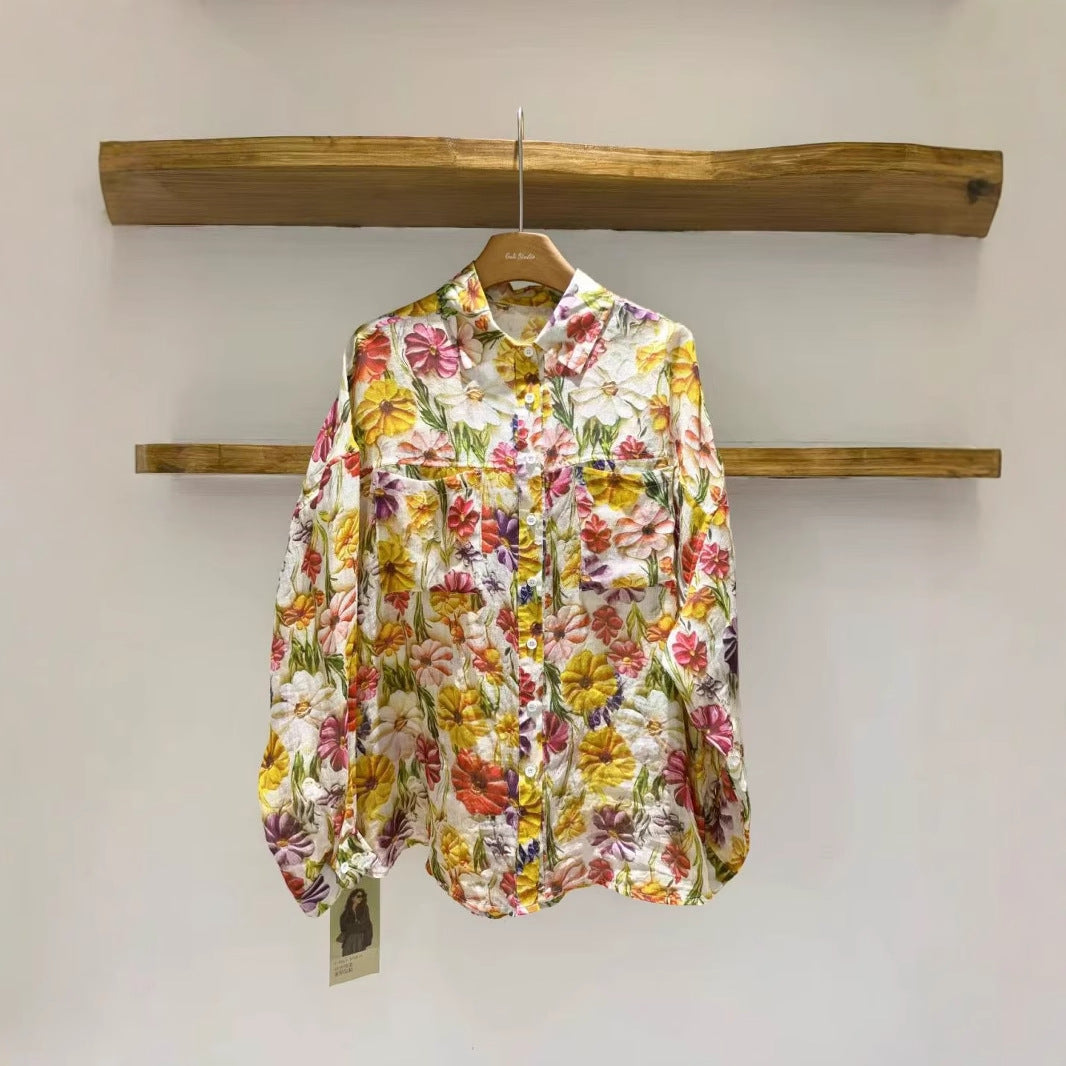 Dame Floral Print Tekstureret Knappet Skjorte Stilla