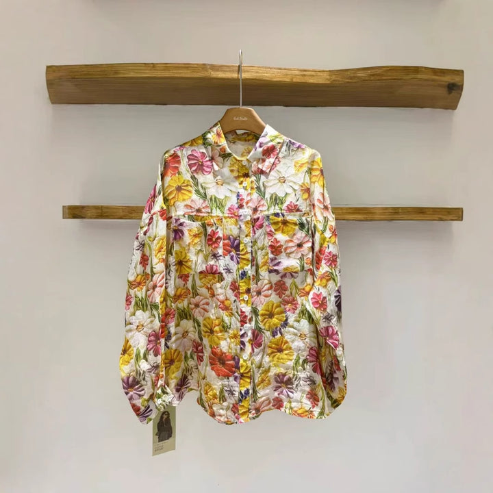 Dame Floral Print Tekstureret Knappet Skjorte Stilla