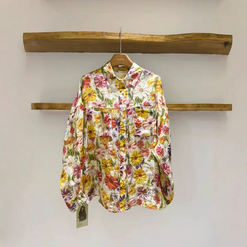 Dame Floral Print Tekstureret Knappet Skjorte Stilla