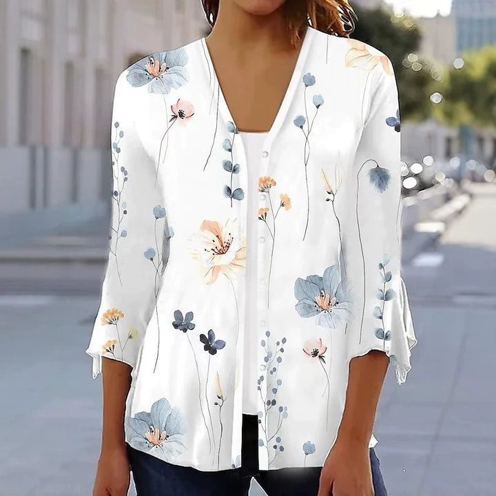 Dame nan let chiffon bluse med akvarel blomstertryk, V-halsudskæring, knapliste og trekvartærmer Skovae