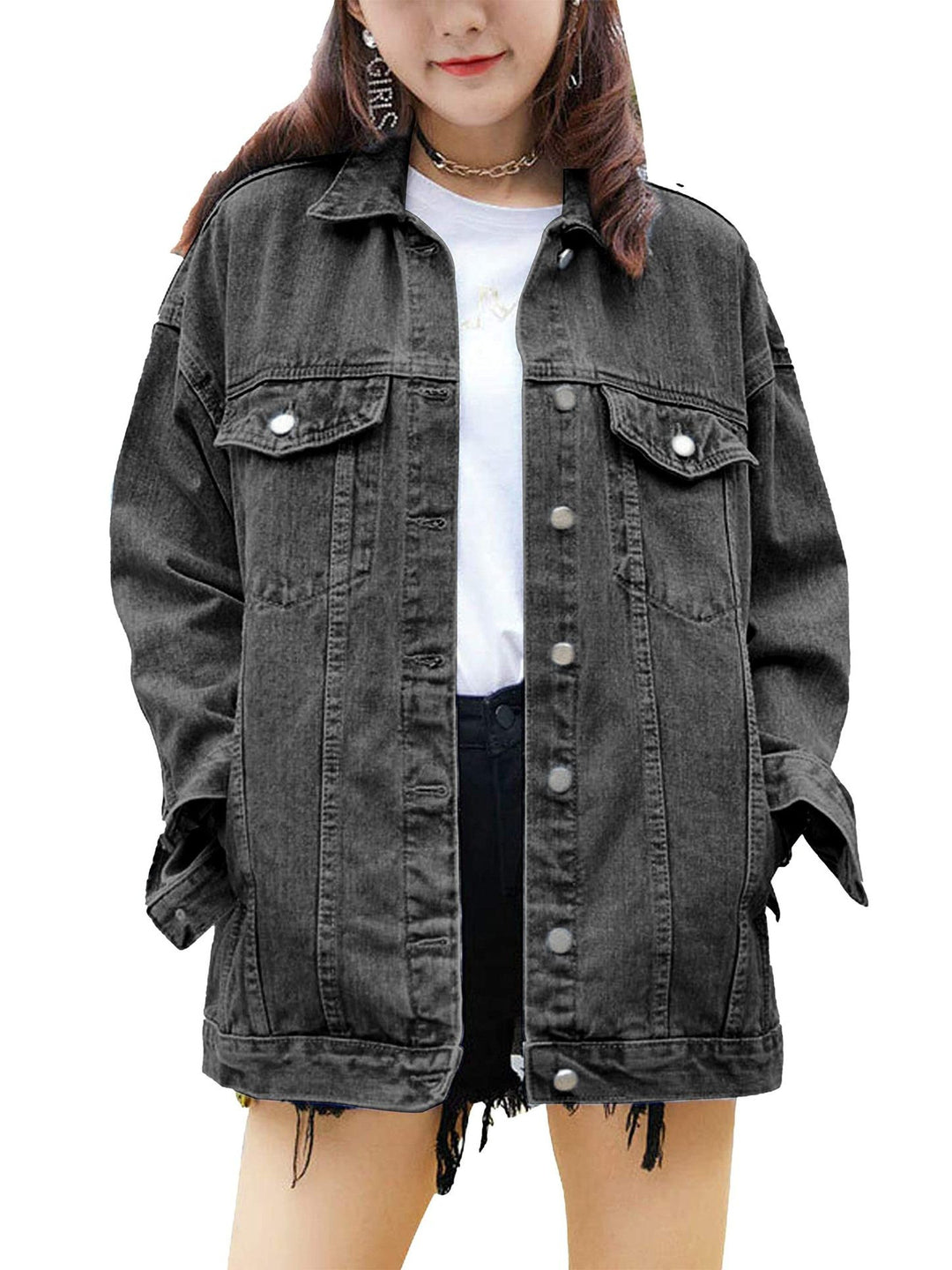 Dame Oversized Denim Jakke med Dekorative Trykknapper Stilla
