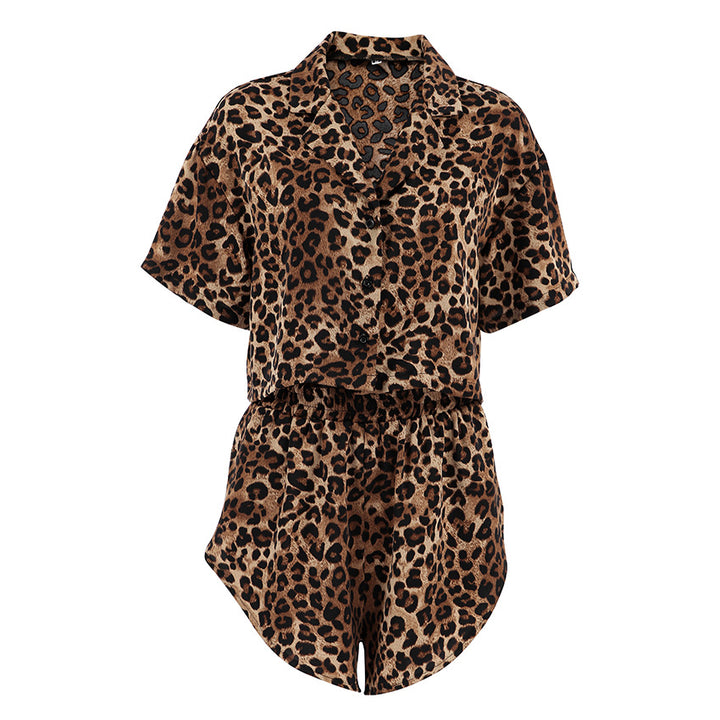 Dame kortærmet pyjamasæt med moderne leopardprint og elastisk belægning Stilla