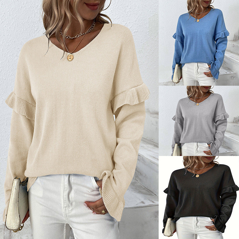 Damer Elegant Pullover med Volangdetaljer og V-Udskæring Stilla