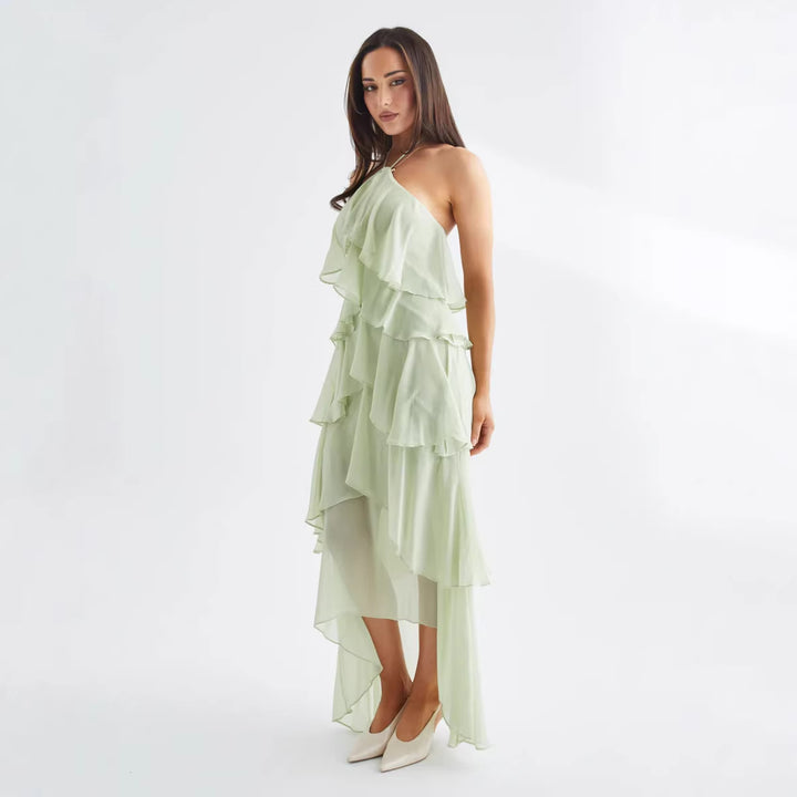 Dame luftige chiffon maxi kjoler med flæser og elegant halterneck Skovae