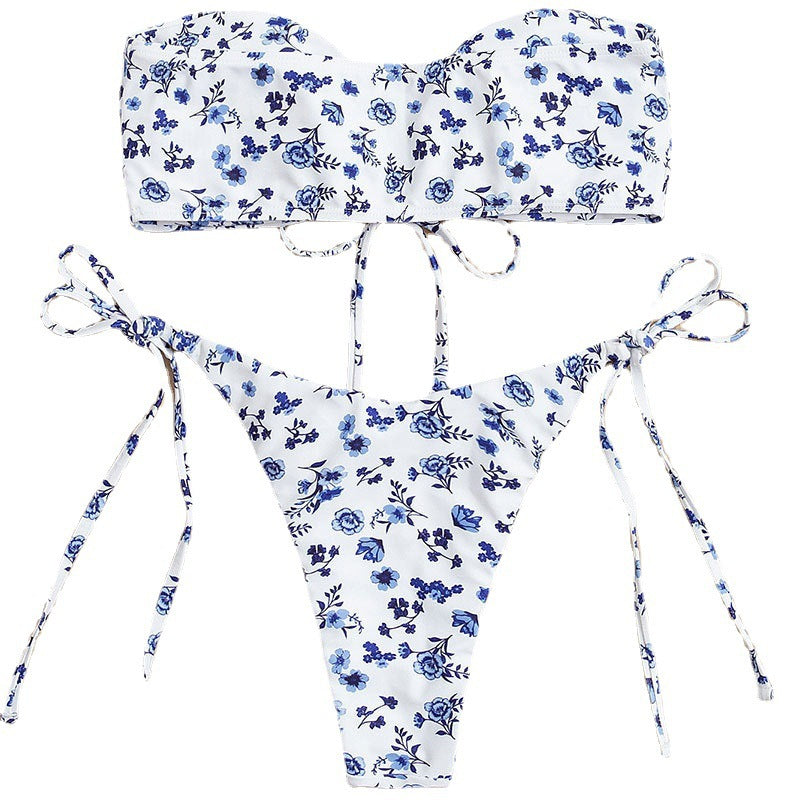 Dame bikini med florale accenter og justerbare bindebånd Skovae