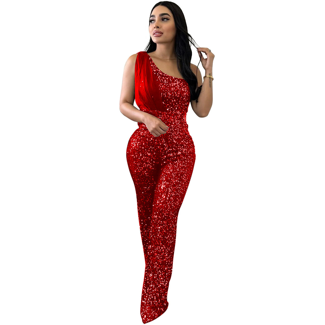 Dame Elegant Paillet-Jumpsuit med asymmetrisk udskæring og figursyet pasform Stilla