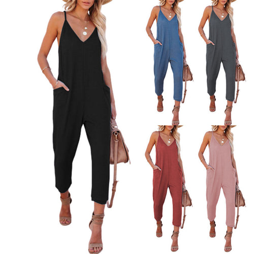 Dame Casual Jumpsuit med spaghetti stropper og praktiske lommer Stilla