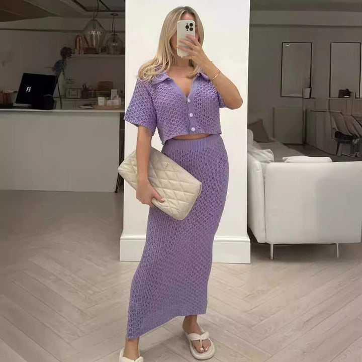 Dame afslappet strik sæt med cropped jakke og omslagsskirt Skovae