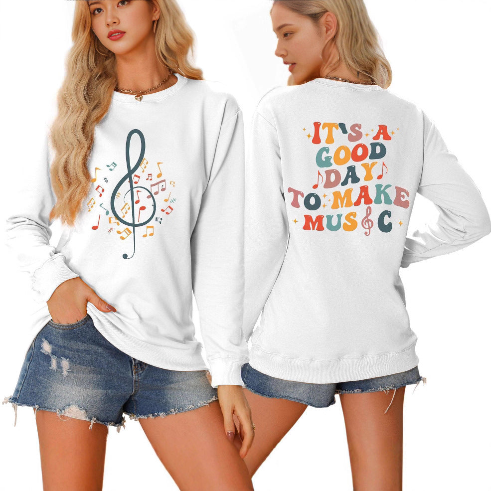Damer sweatshirt med musikalsk motiv og kreativ tekst Stilla