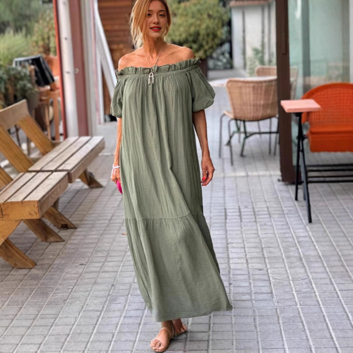 Dame Off-Shoulder Maxikjole med voluminøse pufærmer og flæser Stilla