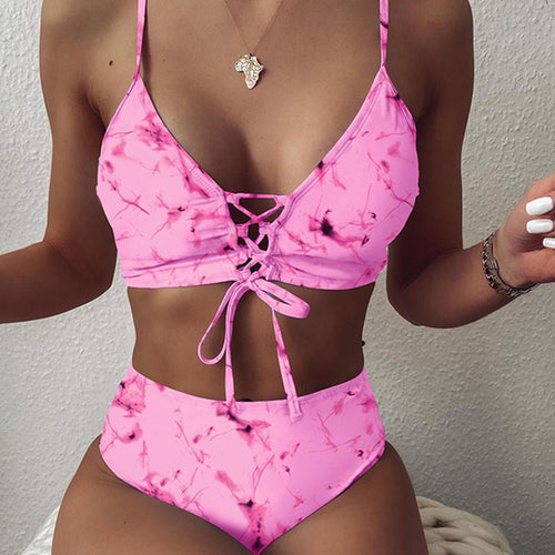Dame Højtaljet Bikini-sæt med justerbare snøre detaljer Skovae