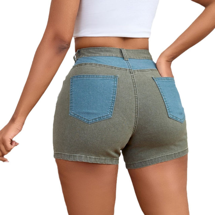 Dame trendy high-waist denim-shorts med farveblokdesign og høj talje Stilla