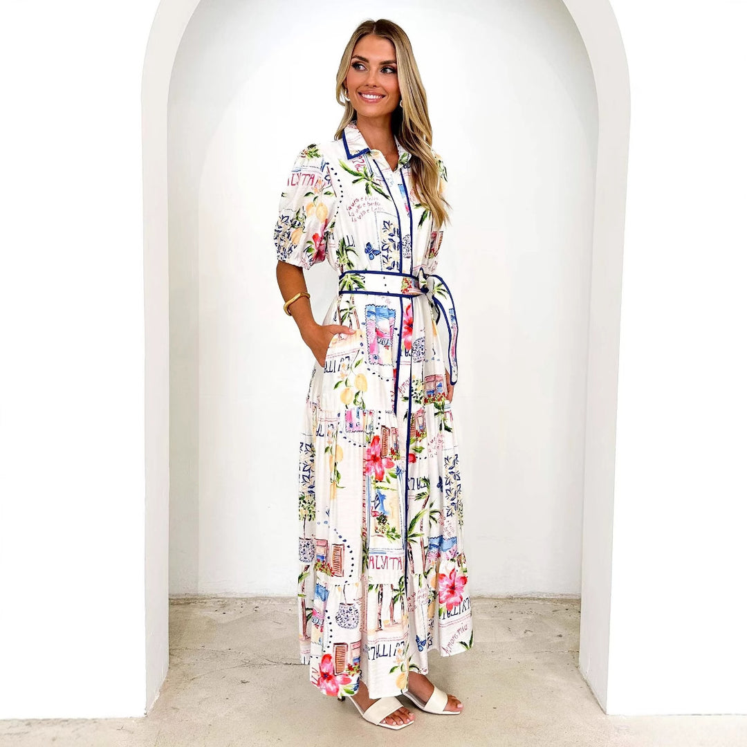 Dame Maxikjole med floralt print og taljefokus Stilla