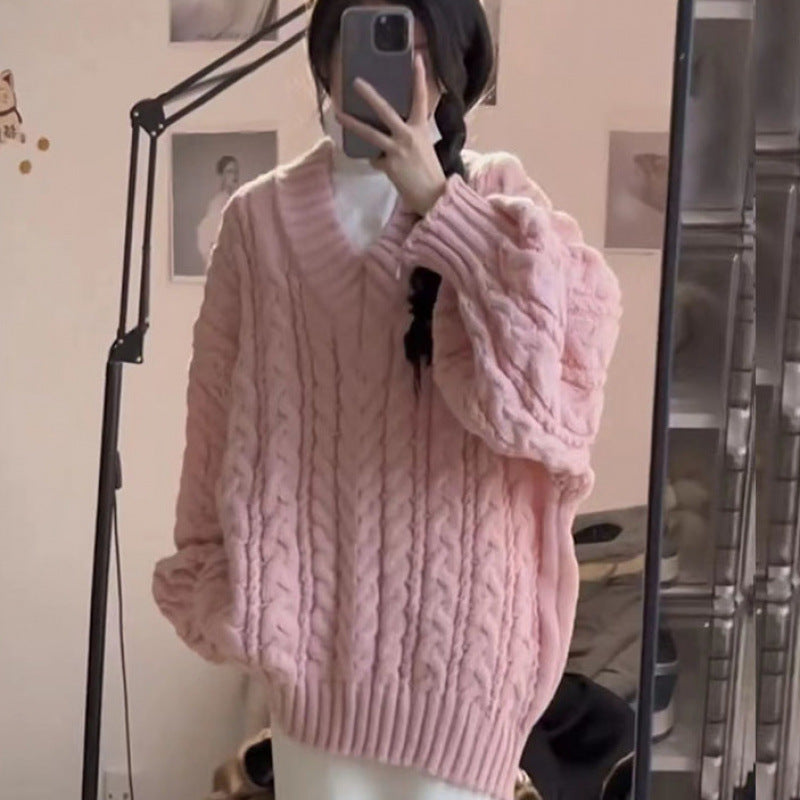 Kvindernes chunky striktrøje med V-hals og voluminøse ærmer Stilla