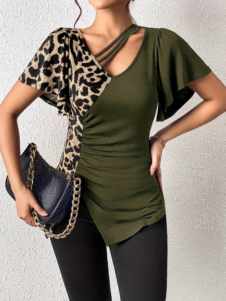 Dame nan asymmetrisk Stretch-tunika med leopardprint-sidestykke og flere stropper Skovae