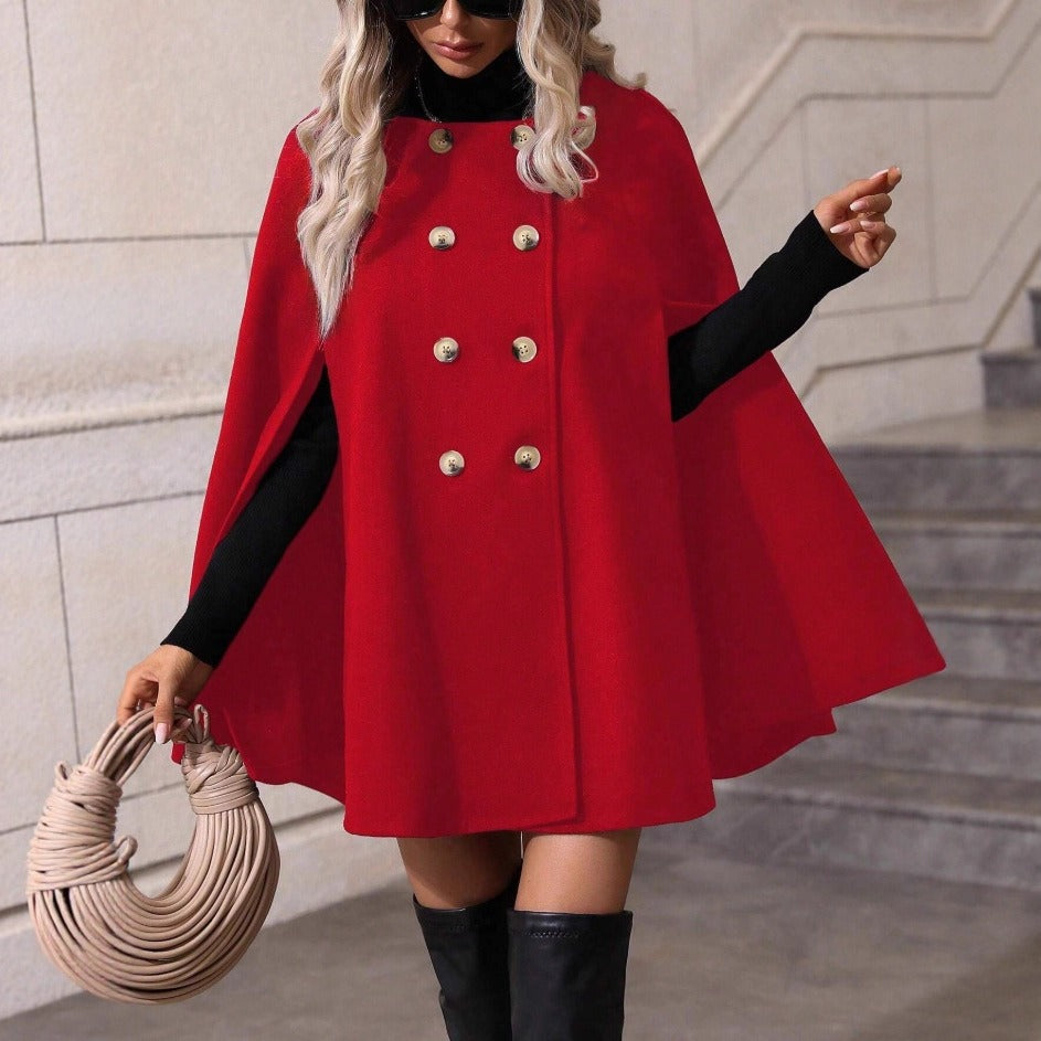 Dame elegant ren uld cape jakke med dobbel knap liste Stilla