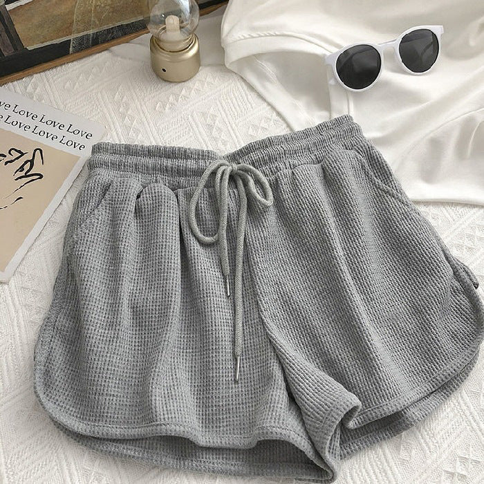 Kvindernes afslappede vaffeltekstur shorts med justerbar snor og elastisk taljebånd