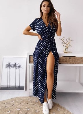 Dame Polka Dot Maxi Kjole med Sideslids Stilla