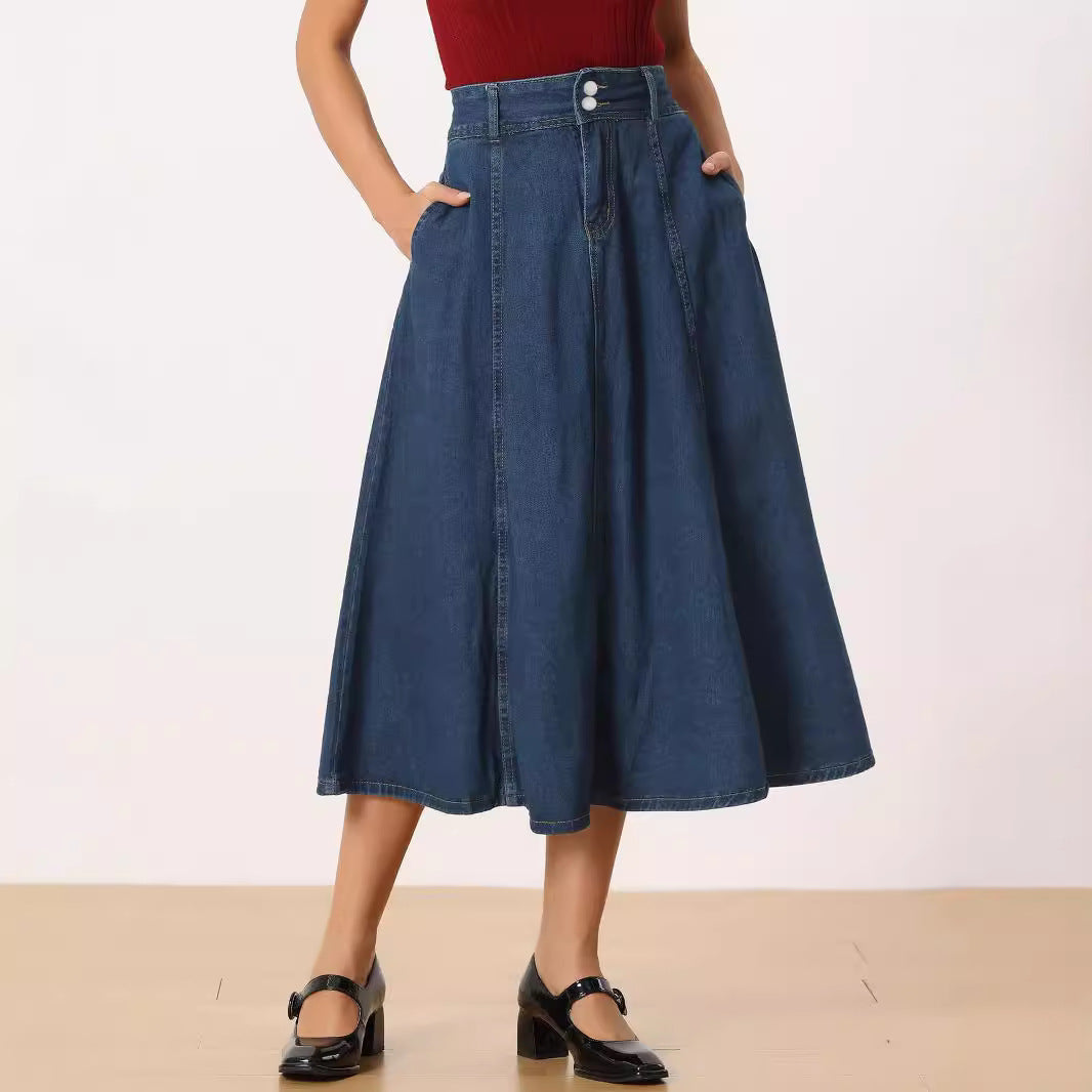 Dame maxikjole i klassisk denim-stil med høj talje og vidde svajende snit Stilla