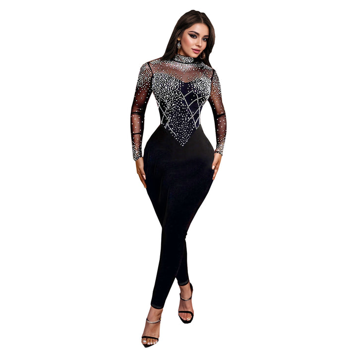 Dame Glamourøs Bodycon Jumpsuit med gennemsigtigt mesh og glitrende strass dekorationer Stilla