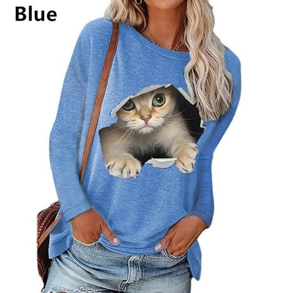 Dame afslappet sweatshirt med unikt kattemotiv og vid udskæring Stilla