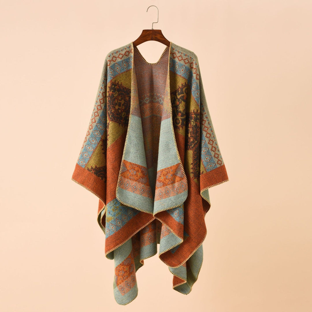 Dame Mode Poncho med Kunstnerisk Mønster og Frynset Kanter Skovae