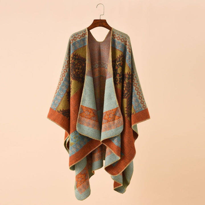 Dame Mode Poncho med Kunstnerisk Mønster og Frynset Kanter Skovae