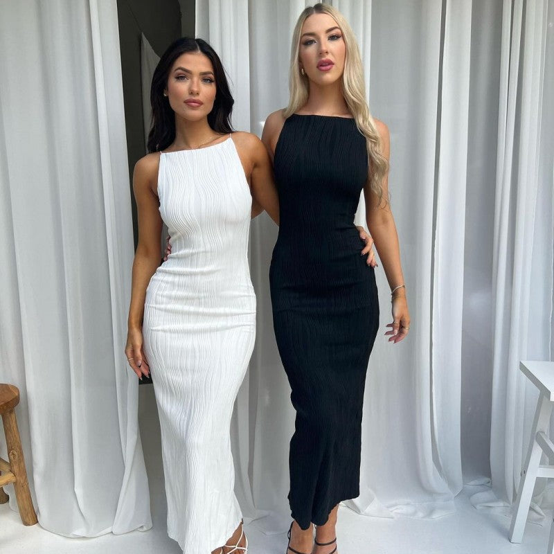 Dame maxikjole i elegant bølgemønster med spaghetti stropper Skovae