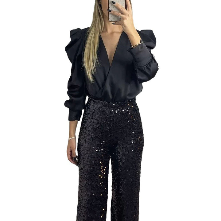 Dame Højhalset Satin-top med Puffærmer og Vikkel Design Stiila
