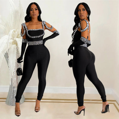 Dame Glamourøs Figurbetonet Jumpsuit med Strassdekorationer Stilla