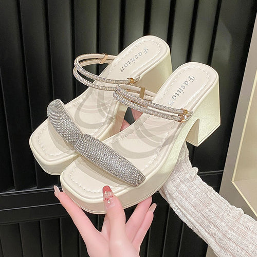 Damer Chunky Hæle Slide Sandaler med Rhinestones Rem-Detalje Stilla